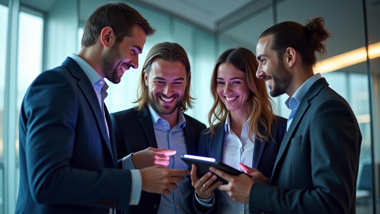A collaborative and diverse business team working in a modern UK tech office environment representing positive employee relations
